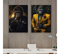 KEMEIQI Impression sur toile représentant un gorille en costume jaune, peinture abstraite, affiche murale moderne représentant un gorille (60 x 90 x 2 cm/cadre)