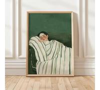 KEMEIQI Impression sur toile représentant une femme allongée à rayures vertes lisant un café, décoration murale moderne pour salon (80 x 120 cm)