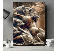 KEMEIQI Jésus-Christ protège le troupeau, affiche sur toile vintage, loup et mouton, décoration murale pour salon, chambre à coucher (80 x 120 cm)