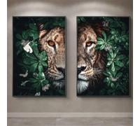 KEMEIQI Lion mâle et lionne portant des photos d'animaux sauvages en noir et blanc, impression sur toile, décoration murale, salon, maison, 30 x 50 cm, sans cadre