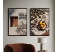 KEMEIQI Lot de 2 tableaux sur toile représentant une nature morte avec des branches d'olivier et des citrons, dans un style méditerranéen. Décoration murale neutre et côtière (50 x 70 x 2 cm/cadre).