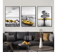 KEMEIQI Lot de 3 affiches murales représentant un paysage de lac et de pierre avec des bateaux dorés (30 x 50 cm x 3 / sans cadre)