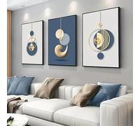 KEMEIQI Lot de 3 affiches sur toile, art moderne, imprimés graphiques abstraits dorés et bleus, décoration murale pour chambre, salon ou couloir (60 x 90 cm x 3 / sans cadre)