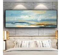 KEMEIQI Peinture à l'huile sur toile représentant un paysage abstrait de bateau, décoration murale minimaliste et scandinave pour chambre à coucher ou salon (50 x 150 cm, sans cadre)