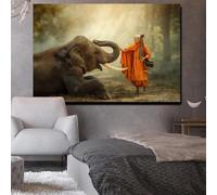 KEMEIQI Peinture imprimée thaïlandaise, moine éléphant, marchant avec un éléphant dans la forêt, pour salon moderne, maison, décoration de chambre à coucher 70x110cm sans cadre