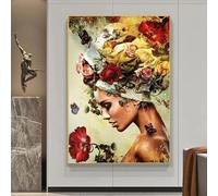 KEMEIQI Peinture sur toile moderne abstraite avec fleur et papillon pour femme, affiche et impression, art mural pour salon, décoration d'intérieur, 50 x 70 cm, sans cadre