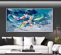 KEMEIQI Tableau abstrait moderne avec poissons koi bleu turquoise, très grand format, sur toile, pour la décoration intérieure (70 x 100 cm).