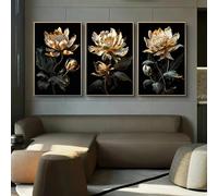 KEMEIQI Trois tableaux, toile murale florale abstraite moderne dorée, esthétique moderne, affiche florale, belle impression d'image (70 * 100x3cm/sans cadre)