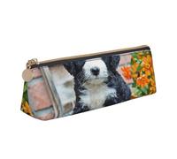 KemEng Bernedoodle Fleurs Chiot Animaux Chiens Bernedoodle, Trousse à Crayons Triangulaire en Cuir avec Fermeture éclair, Trousse à Crayons Portable, Trousse à cosmétiques