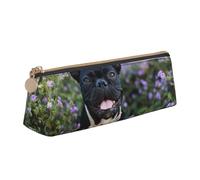 KemEng Bouledogue français se Tient dans Un Design de Fleurs, Trousse à Crayons Triangulaire en Cuir avec Fermeture éclair, Trousse à Crayons Portable, Trousse à cosmétiques
