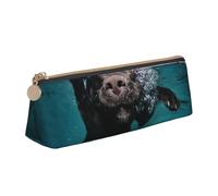KemEng Chien drôle de Labrador Noir nageant avec Un Visage expressif, Trousse à Crayons Triangulaire en Cuir avec Fermeture éclair, Trousse à Crayons Portable, Trousse à cosmétiques
