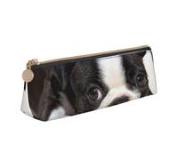 KemEng Chien Terrier de Boston, Trousse à Crayons Triangulaire en Cuir avec Fermeture éclair, Trousse à Crayons Portable, Trousse à cosmétiques