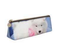 KemEng Chiot Samoyède Chiens Blancs Chiot avec Arc Furry, Trousse à Crayons Triangulaire en Cuir avec Fermeture éclair, Trousse à Crayons Portable, Trousse à cosmétiques