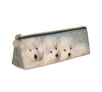KemEng Chiots Samoyèdes Chiens Blancs Famille Petit Samoyède, Trousse à Crayons Triangulaire en Cuir avec Fermeture éclair, Trousse à Crayons Portable, Trousse à cosmétiques