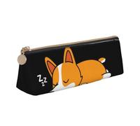 KemEng Corgi Mignon Dormant, Trousse à Crayons Triangulaire en Cuir avec Fermeture éclair, Trousse à Crayons Portable, Trousse à cosmétiques