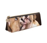 KemEng Embrasser des Chiots Bouledogue Anglais, Trousse à Crayons Triangulaire en Cuir avec Fermeture éclair, Trousse à Crayons Portable, Trousse à cosmétiques