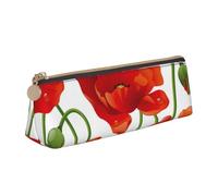 KemEng Fleurs de Pavot Rouge, Trousse à Crayons Triangulaire en Cuir avec Fermeture éclair, Trousse à Crayons Portable, Trousse à cosmétiques