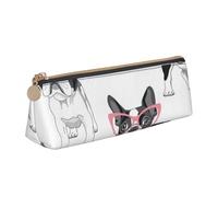 KemEng Frenchie Noir Dessin Animé Bouledogue Français Lunettes Roses Chien Blanc, Trousse à Crayons Triangulaire en Cuir avec Fermeture éclair, Trousse à Crayons Portable, Trousse à cosmétiques