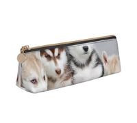 KemEng Husky Puppies Chiens imprimés Mignons, Trousse à Crayons Triangulaire en Cuir avec Fermeture éclair, Trousse à Crayons Portable, Trousse à cosmétiques