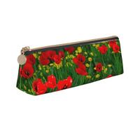 KemEng Impression de Paysage de Prairie de Ferme de Champ de Coquelicot Rouge, Trousse à Crayons Triangulaire en Cuir avec Fermeture éclair, Trousse à Crayons Portable, Trousse à cosmétiques