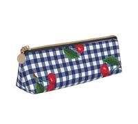KemEng Imprimer des Cerises à Carreaux Bleus, Trousse à Crayons Triangulaire en Cuir avec Fermeture éclair, Trousse à Crayons Portable, Trousse à cosmétiques