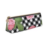 KemEng Imprimer des Roses sur Un Plaid Noir et Blanc, Trousse à Crayons Triangulaire en Cuir avec Fermeture éclair, Trousse à Crayons Portable, Trousse à cosmétiques