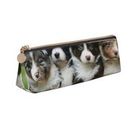 KemEng Quatuor de Petits Chiots Berger Australien, Trousse à Crayons Triangulaire en Cuir avec Fermeture éclair, Trousse à Crayons Portable, Trousse à cosmétiques