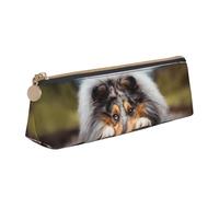 KemEng Rough Collie Bokeh Railway Chiens Animaux de Compagnie Rough, Trousse à Crayons Triangulaire en Cuir avec Fermeture éclair, Trousse à Crayons Portable, Trousse à cosmétiques