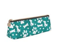 KemEng Sarcelle Blanc Chien Empreinte Patte Chiot Bleu, Trousse à Crayons Triangulaire en Cuir avec Fermeture éclair, Trousse à Crayons Portable, Trousse à cosmétiques