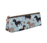 KemEng Teckel Chiens Bleu, Trousse à Crayons Triangulaire en Cuir avec Fermeture éclair, Trousse à Crayons Portable, Trousse à cosmétiques