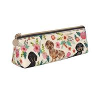 KemEng Teckel Floral Fleurs Vintage, Trousse à Crayons Triangulaire en Cuir avec Fermeture éclair, Trousse à Crayons Portable, Trousse à cosmétiques
