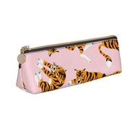 KemEng Tigres Mignons d'animaux De Cirque sur Fond Rose, Trousse à Crayons Triangulaire en Cuir avec Fermeture éclair, Trousse à Crayons Portable, Trousse à cosmétiques