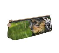 KemEng Yorkshire Terrier Herbe Verte Yorkie Chiens Mignons, Trousse à Crayons Triangulaire en Cuir avec Fermeture éclair, Trousse à Crayons Portable, Trousse à cosmétiques