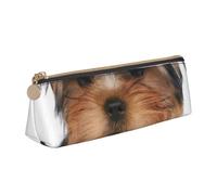 KemEng Yorkshire Terrier se Trouve sur Blanc, Trousse à Crayons Triangulaire en Cuir avec Fermeture éclair, Trousse à Crayons Portable, Trousse à cosmétiques