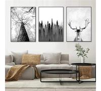 KemneT Affiche en noir et blanc branches Brouillard à l'huile de peinture paysage de la forêt cerf peinture murale nordique Tableaux d'art salon Decoration 50x70cmx3 sans cadre