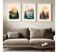 KemneT Aquarelle Montagne Forêt Paysage Toile tableau Peinture Image Abstrait Coucher De Soleil Cerf Oiseau Murale Art Affiche Imprimer Salon Decoration À La Maison 30x50cmx3 Sans Cadre