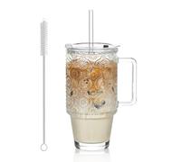 KEMORELA Gobelet en verre de 710 ml avec paille et couvercle, tasses à café glacé avec couvercles, tasse à smoothie avec poignée, verre à motif bégonia pour boissons froides, gobelet réutilisable pour