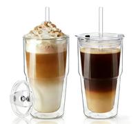 KEMORELA Lot de 2 gobelets en verre à double paroi 480 ml avec couvercle et paille pour café, latte macchiato, café glacé et boissons froides