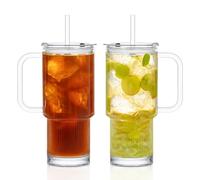 KEMORELA Lot de 2 gobelets en verre de 789 ml avec poignée et couvercle, transparent