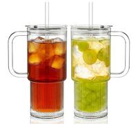 KEMORELA Lot de 2 gobelets en verre de 789 ml avec poignée et couvercle, transparent