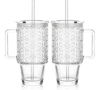 KEMORELA Lot de 2 gobelets en verre nervuré de 24 oz avec couvercle et paille, motif bégonias