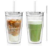 KEMORELA Lot de 2 tasses en verre à double paroi de 473 ml avec couvercles et pailles, gobelets isothermes en verre borosilicate résistants à la chaleur, motif rayé pour café glacé, thé aux bulles