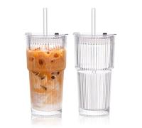 KEMORELA Lot de 2 verres à boire de 590 ml en verre nervuré avec couvercles et pailles en verre - Tasses à café glacé vintage, verrerie transparente pour la maison ou le café.