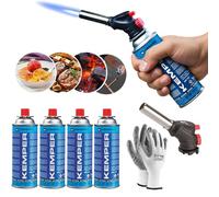 KEMPER - Chalumeau de Cuisine, Torches de Cuisine, Brûleur de Cuisine Réglable pour BBQ, Crème Brûlée, Pâtisseries, Desserts, Camping + 4 Cartouche de gaz butane 227gr et des Gants gratuits