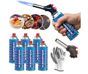 KEMPER - Chalumeau de Cuisine, Torches de Cuisine, Brûleur de Cuisine Réglable pour BBQ, Crème Brûlée, Pâtisseries, Desserts, Camping + 6 Cartouche de gaz butane 227gr et des Gants gratuits