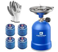 Kemper KE2009 Réchaud à gaz de camping coupe-vent avec 4 cartouches butane 1120S1 + 1 paire de gants offerts | portable avec valve réglable pour extérieur, camping, randonnée, urgence