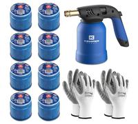 Kemper Lampe à souder + 8 bouteilles de gaz butane sûres + 2 gants gratuits | Briquet professionnel pour bricolage, barbecue, désherbage, soudage léger