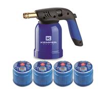 KEMPER - Lampe a souder gaz + 4 cartouches gaz 190g avec sécurité stop gaz Coque Acier Piezo - Chalumeau de cuisine Creme Brulée, Allumage Barbecue, Soudure
