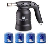 KEMPER - Lampe à Souder Gaz Black Edition 360° Anti-Retour de Flamme - Allumage Piezo - Buse Inox - Chalumeau Portable Dégrippage Soudage Crème Brûlée + 4 Cartouches