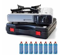 KEMPER - Réchaud à gaz Nomade 2200W + 8 Cartouches gaz Allumage piezo Sécurité Insert gaz